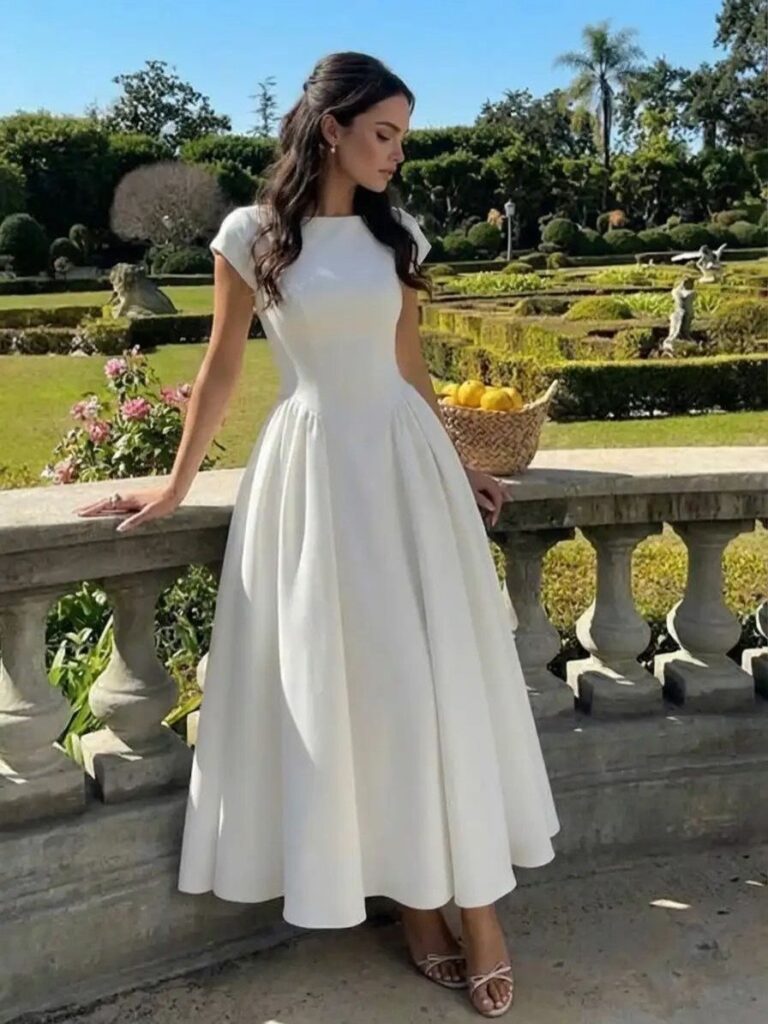 Woman in a white midi dress standing by a stone railing in a garden