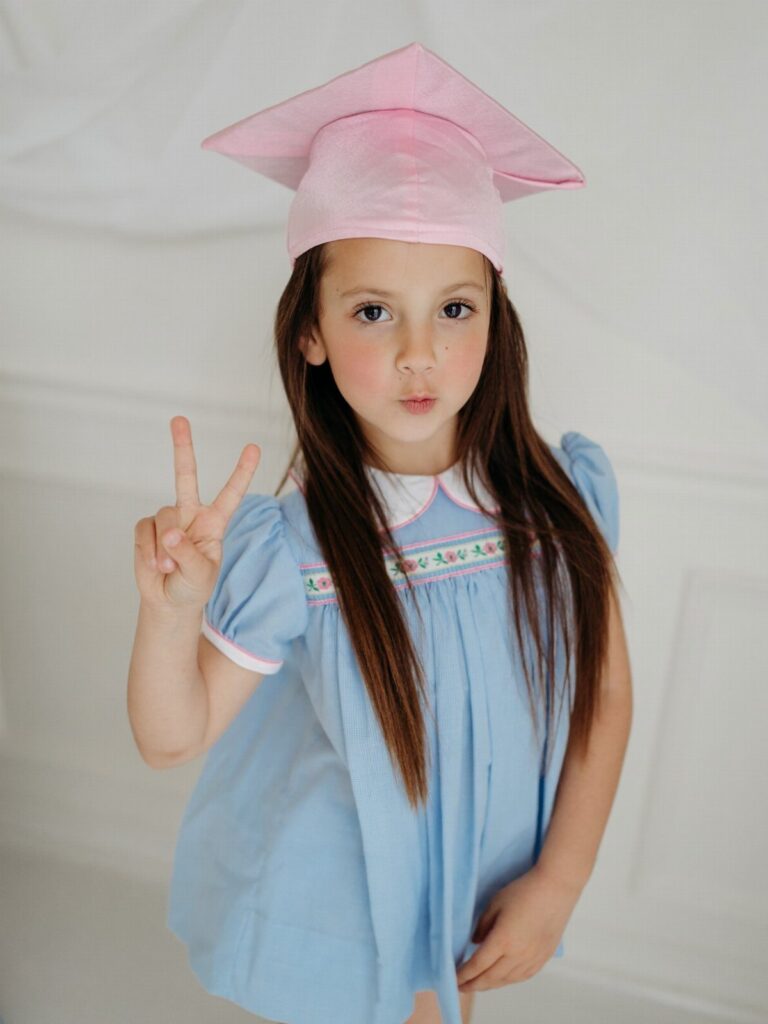 Young girl in a pink graduation cap and blue dress making a peace sign.