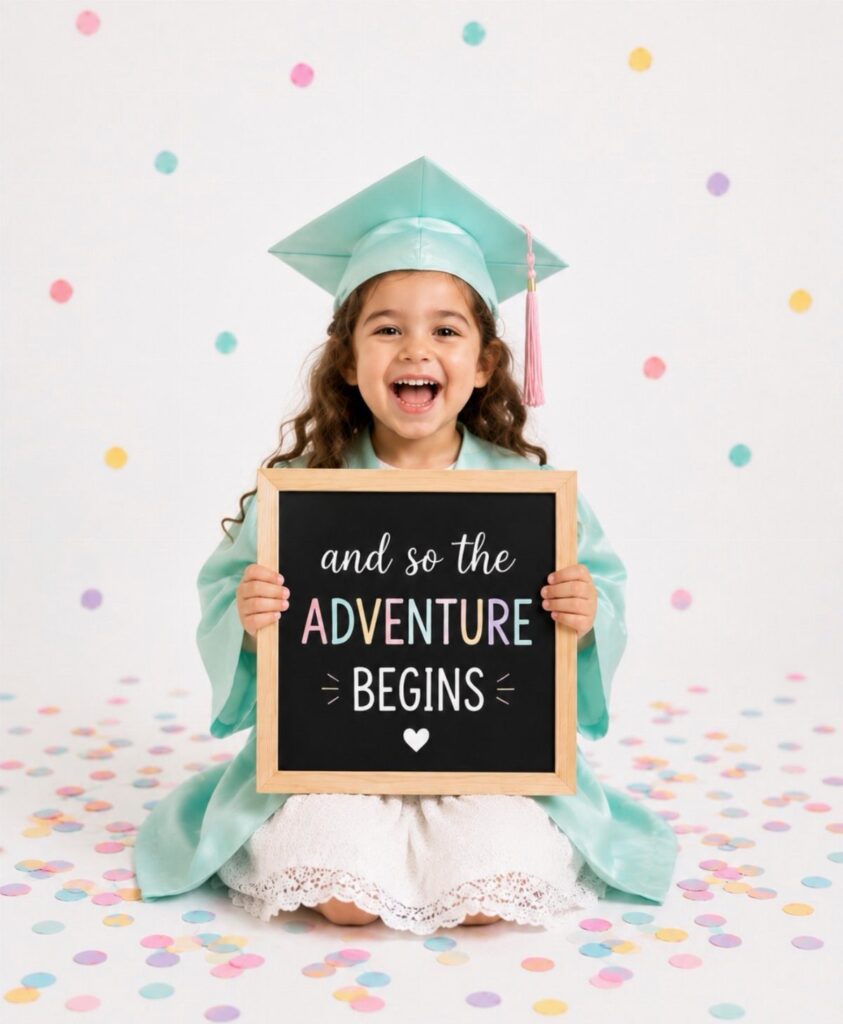Young girl in blue graduation cap and gown holding an adventure chalkboard sign.