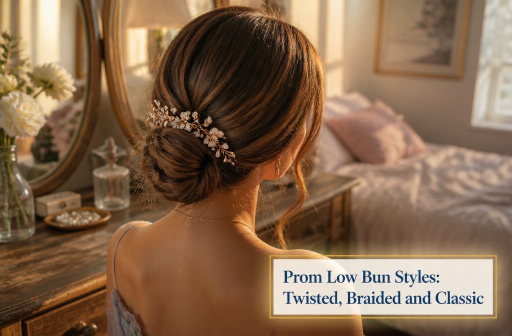Various prom low bun styles displayed together.