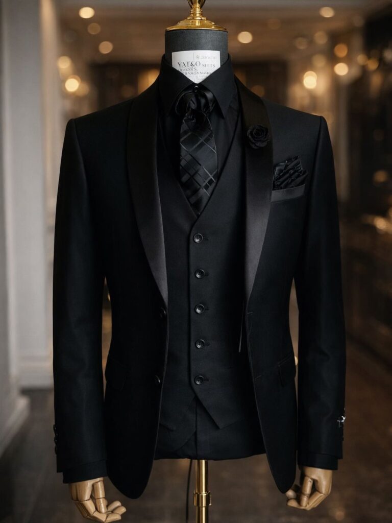 All-black three-piece formal suit with satin lapels displayed on a mannequin.
